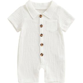 Honganda Summer Baby Boy Cotton Linen Jumpsuit Short Sleeve Button Down Playsuit Romper One Piece Outfit 0-24M