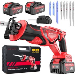 Reciprocating Saw Cordless - Upgraded Powerful Brushless Motor Cordless Saw, 3500 SPM, 21V with 2 x 4.0Ah Battery, 8 High-Performance Blades for Superior Cutting in Wood/Metal/PVC