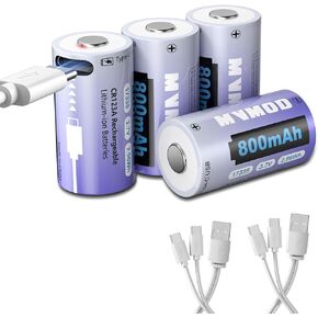 CR123A 3V Lithium Battery 4 Pack, 800mAh Rechargeable Batteries for Arlo Wireless Security Cameras VMC3030 VMK3200 VMS3330 3530, CR123A Battery with Type-C Cable for Flashlight Polaroid Microphone