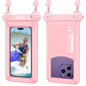 Gritin Waterproof Phone Pouch, IP68 Floating Waterproof Phone Case Bag for Swimming, Adjustable Lanyard Underwater Phone Dry Bag for iPhone 15 14 13,Galaxy S24 S23 and Other Phones up to 7.2"-Pink