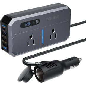 200W Car Power Inverter, TESSAN 12V DC to 110V AC Car Converter with 2 AC Outlets and 4 USB Ports, PD/QC 3.0 Fast Charging, Car Essentials for Camping, Road Trip, Gray