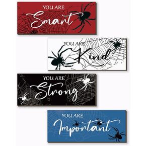 4 Pcs Spider Bedroom Wall Decor Boys Room Wall Decor Inspirational Wooden Wall Sign Motivational Quote Wall Decor for Boys Kids Room Nursery Playroom Bedroom Birthday Gifts