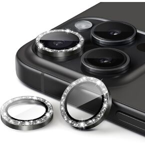 JETech Camera Lens Protector for iPhone 15 Pro 6.1-Inch and iPhone 15 Pro Max 6.7-Inch, Bling Glitter Individual 9H Tempered Glass Metal Ring Cover, HD Clear, 1 Set (White Titanium)