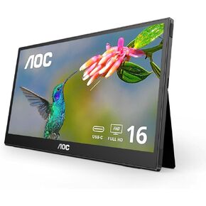 AOC 16T3EA 16'' Class USB-C Ultra-Slim Portable Monitor with IPS Panel, Full HD 1920x1080 Resolution, Built-in kickstands for Portrait/Landscape View, PC/MacBook, VESA Mount, Carrying Bag Included