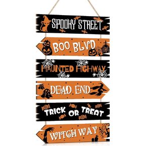 HPNIUB Halloween Front Door Hanging Decor, Trick or Treat Hanging Door Sign, Scary Halloween Pumpkin Porch Outdoor Plaque for Halloween Haunted Party(11.4x2.75INCHx6PCS)