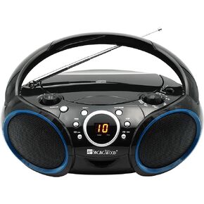 SINGING WOOD Portable CD Player AM FM Analog Tuning Radio with Aux Line in, Headphone Jack, Foldable Carrying Handle (Black with a Touch of Blue Rims) (Renewed)