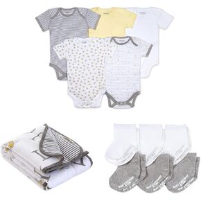 Bundle of Burt's Bees Baby unisex-baby Bodysuits Prints, 6-9 Months + Burt's Bees Baby - Reversible Blanket + Burt's Bees Baby Unisex baby Socks, 6-pack Ankle Or Crew With Non-slip Grips