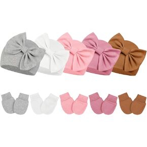 Century Star Newborn Baby Girl Hats No Scratch Mittens Set Newborn Hospital Hat Cotton Baby Beanie Gloves Infant Bow Hat