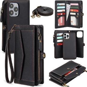 for iPhone 16 Pro Max Wallet Case for Women, Support Wireless Charging with RFID Blocking Card Holder, PU Leather Wallet Detachable Magnetic Phone Case Crossbody Strap, Black