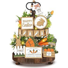 21 Pcs Easter Bunny Tiered Tray Decor, Farmhouse Tiered Tray Decorations, Happy Easter Bunny Carrots Buffalo Plaid Wooden Signs, Rustic Easter Rabbit Decor for Home Table Mantel Church Party in Saudi Arabia