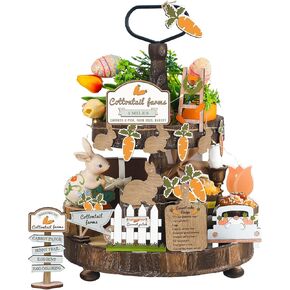 21 Pcs Easter Bunny Tiered Tray Decor, Farmhouse Tiered Tray Decorations, Happy Easter Bunny Carrots Buffalo Plaid Wooden Signs, Rustic Easter Rabbit Decor for Home Table Mantel Church Party