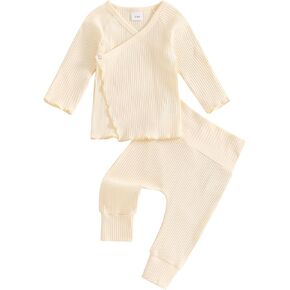 GOOCHEER 2Pcs Newborn Baby Girl Coming Home Outfit Mitten Cuffs Solid Knitted Long Sleeve T-Shirt Tops Pans Set Fall Clothes