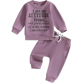 Mandizy Baby Girl Fall Clothes Funny Letter Print Long Sleeve Crew Neck Sweatshirt Casual Pants Set Toddler Winter Outfit