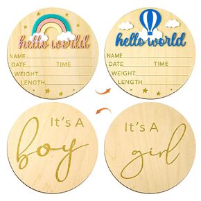 2pcs Double-Sided Gender Reveal Signs, 5.9 Inch Wooden Baby Announcement Signs It's A Girl/Boy Round Hello World Newborn Sign for Hospital Baby Shower Nursery Decoration New Parents Gift