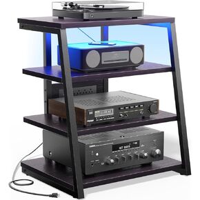 AV Media Stand with Outlets, Media Console with LED Lights, Stereo Racks and Stands with Storage Shelves, Media Audio Tower Cabinet, Rustic Brown