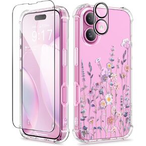 GVIEWIN Compatible with iPhone 16 Case, with Screen Protector & Camera Lens Protector, Floral Shockproof Protective Bumper Slim Soft Clear Phone Cover for Women 2024 6.1"(Floratopia/Colorful)