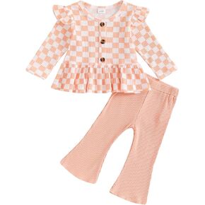 Toddler Baby Girls Outfits Ribbed Long Sleeve Ruffle Hem Tops + Flared Pants Sets 2Pcs Infant Fall Winter Clothes in Kuwait