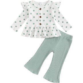 Toddler Baby Girls Outfits Ribbed Long Sleeve Ruffle Hem Tops + Flared Pants Sets 2Pcs Infant Fall Winter Clothes