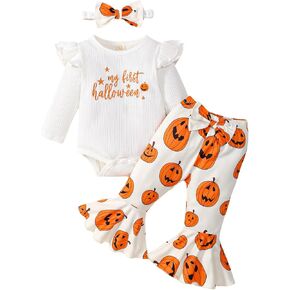 My First Christmas Outfits Newborn Baby Girl Outfits Long Sleeve Knit Ribbed Romper Santa Flare Pant Headband 3Pcs