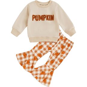BemeyourBBs Toddler Baby Girl Fall Clothes Pumpkin Sweatshirt Flared Pants | Toddler Baby Girl Pumpkin Outfit 3M-5T, Sweatshirt Bell Bottom Pants for Fall Photos, Family Party, Halloween, Thanksgiving in Kuwait