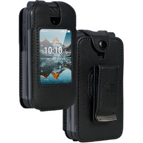 Case for Consumer Cellular Iris Easy Flip Phone/Boost Mobile Summit Flip 4G, Nakedcellphone [Black Vegan Leather] Form-Fit Cover [Built-in Screen Protection] and [Metal Belt Clip] for SL006D (2024)