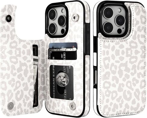 HAOPINSH for iPhone 16 Pro Case Wallet with Card Holder, White Leopard Cheetah Pattern Back Flip Folio PU Leather Kickstand Card Slots Case for Women Girls, Double Magnetic Clasp Shockproof Case 6.3" in Kuwait