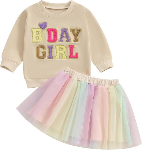 Toddler Baby Girl Birthday Outfit Letter Embroidery Long Sleeve Sweatshirt Tutu Dress Skirts Birthday Gift 12M-5T in Kuwait