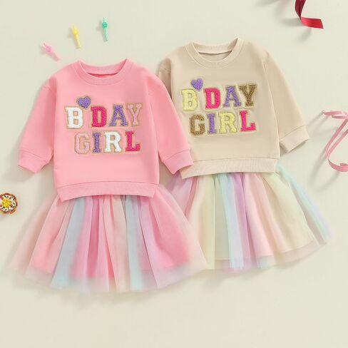 Toddler Baby Girl Birthday Outfit Letter Embroidery Long Sleeve Sweatshirt Tutu Dress Skirts Birthday Gift 12M-5T in Kuwait