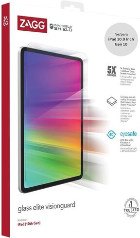 واقي شاشة ZAGG InvisibleShield Glass Elite VisionGuard لجهاز iPad الجيل العاشر 10.9 بوصة (الجيل 10، 2022) - أقوى 5 مرات، حماية من الضوء الأزرق، مضاد لبصمات الأصابع، سهل التركيب، شفاف in Saudi Arabia