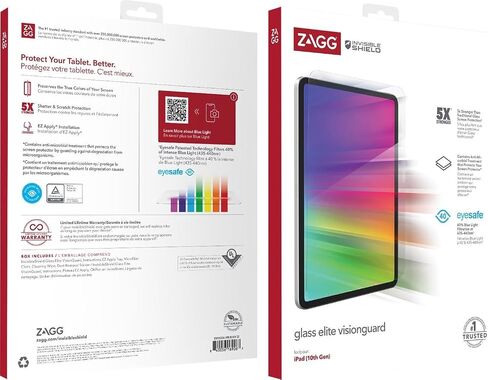 واقي شاشة ZAGG InvisibleShield Glass Elite VisionGuard لجهاز iPad الجيل العاشر 10.9 بوصة (الجيل 10، 2022) - أقوى 5 مرات، حماية من الضوء الأزرق، مضاد لبصمات الأصابع، سهل التركيب، شفاف in Saudi Arabia