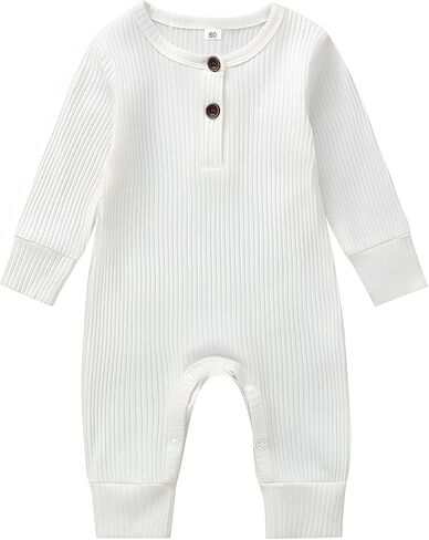 Newborn Baby Boy Girl Romper Infant Long Sleeve Solid Ribbed Button Clothes Bodysuit Jumpsuit in Saudi Arabia
