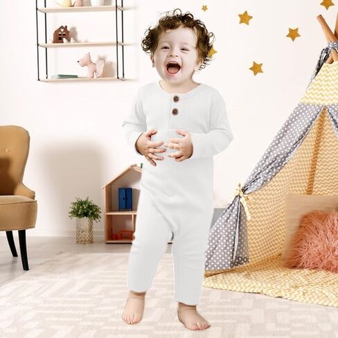 Newborn Baby Boy Girl Romper Infant Long Sleeve Solid Ribbed Button Clothes Bodysuit Jumpsuit in Saudi Arabia