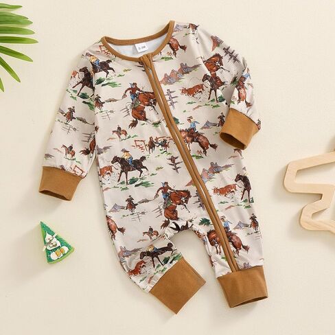 Karwuiio Baby Boy Girl Western Clothes Cow Print Long Sleeve Romper Jumpsuit One Piece Newborn Fall Winter Outfit in Kuwait