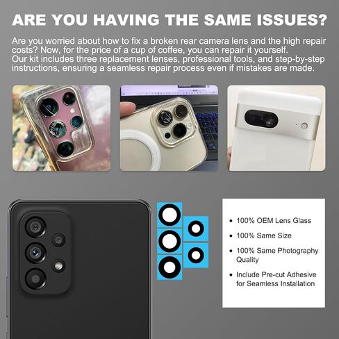 3 Pack Galaxy A53 5G Back Rear Camera Lens Glass Replacement, Back Camera Lens with Tempered-Glass Lens Protector for Samsung A53 5G, Included Instruction Manual, Toolkit in Saudi Arabia