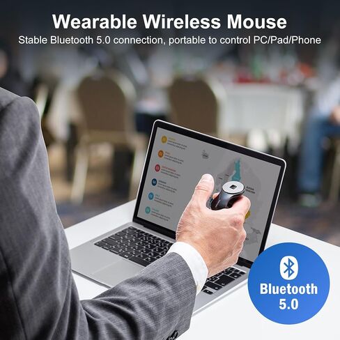 SANWA ماوس حلقة إصبع بلوتوث، 2 في 1 جهاز عرض لاسلكي، ماوس محمول يمكن ارتداؤه، ماوس عن بعد محمول قابل لإعادة الشحن، 1200 نقطة في البوصة، شرائح PPT صغيرة متوافقة مع أجهزة الكمبيوتر الشخصية والكمبيوتر المحمول وأجهزة Mac والكمبيوتر اللوحي in Kuwait