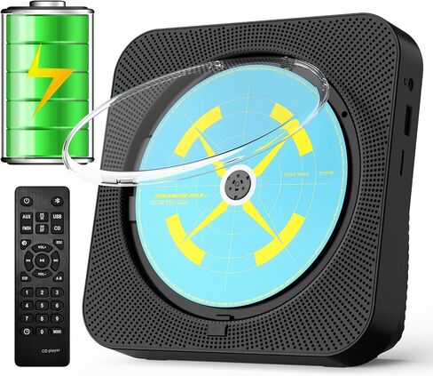 مشغل أقراص مضغوطة بلوتوث محمول، مشغل أقراص مضغوطة لسطح المكتب قابل لإعادة الشحن للمنزل مع مكبرات صوت هاي فاي، جهاز تحكم عن بعد، يدعم راديو CD/FM/USB/AUX/مؤقت (أسود) in Kuwait