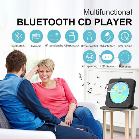 مشغل أقراص مضغوطة بلوتوث محمول، مشغل أقراص مضغوطة لسطح المكتب قابل لإعادة الشحن للمنزل مع مكبرات صوت هاي فاي، جهاز تحكم عن بعد، يدعم راديو CD/FM/USB/AUX/مؤقت (أسود) in Kuwait