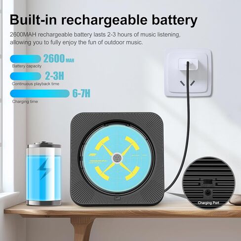 مشغل أقراص مضغوطة بلوتوث محمول، مشغل أقراص مضغوطة لسطح المكتب قابل لإعادة الشحن للمنزل مع مكبرات صوت هاي فاي، جهاز تحكم عن بعد، يدعم راديو CD/FM/USB/AUX/مؤقت (أسود) in Kuwait