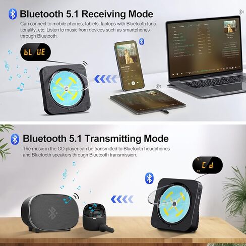 مشغل أقراص مضغوطة بلوتوث محمول، مشغل أقراص مضغوطة لسطح المكتب قابل لإعادة الشحن للمنزل مع مكبرات صوت هاي فاي، جهاز تحكم عن بعد، يدعم راديو CD/FM/USB/AUX/مؤقت (أسود) in Kuwait