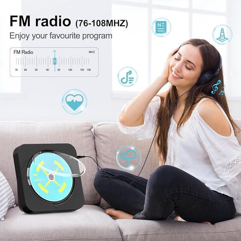 مشغل أقراص مضغوطة بلوتوث محمول، مشغل أقراص مضغوطة لسطح المكتب قابل لإعادة الشحن للمنزل مع مكبرات صوت هاي فاي، جهاز تحكم عن بعد، يدعم راديو CD/FM/USB/AUX/مؤقت (أسود) in Kuwait