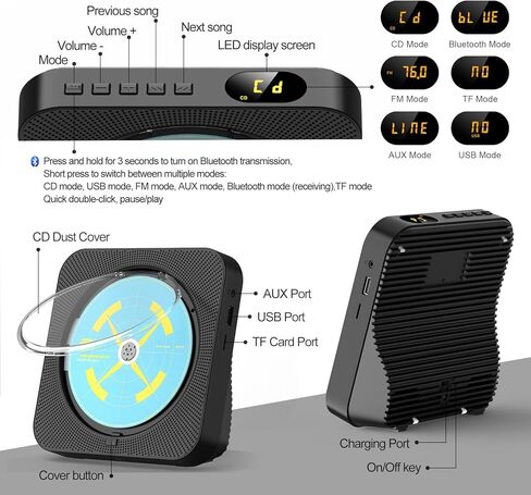 مشغل أقراص مضغوطة بلوتوث محمول، مشغل أقراص مضغوطة لسطح المكتب قابل لإعادة الشحن للمنزل مع مكبرات صوت هاي فاي، جهاز تحكم عن بعد، يدعم راديو CD/FM/USB/AUX/مؤقت (أسود) in Kuwait