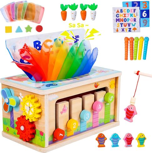 لعبة صندوق مناديل خشبية للأطفال من مونتيسوري 6 في 1 لعبة صندوق مناديل حسية للأطفال من سن 6 إلى 12 شهرًا، ألعاب تنموية للأطفال من سن 6 إلى 12 شهرًا، هدية للأطفال من سن 6 إلى 12 شهرًا in Saudi Arabia