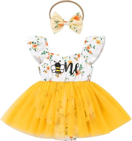 FYMNSI Newborn Baby 1st Birthday Girl Outfits Flutter Sleeve Smocked Floral Tulle Romper Tutu Dress Headband Summer Clothes in Kuwait