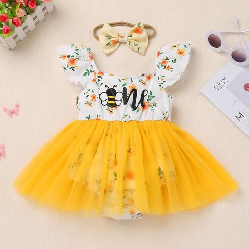 FYMNSI Newborn Baby 1st Birthday Girl Outfits Flutter Sleeve Smocked Floral Tulle Romper Tutu Dress Headband Summer Clothes in Kuwait