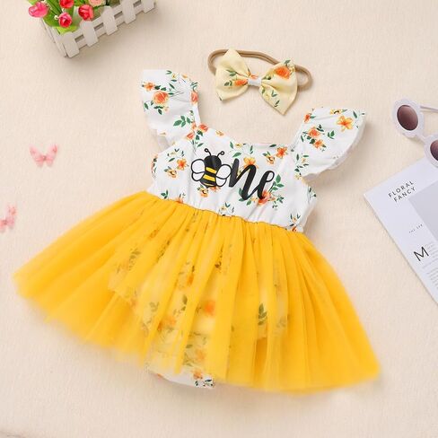 FYMNSI Newborn Baby 1st Birthday Girl Outfits Flutter Sleeve Smocked Floral Tulle Romper Tutu Dress Headband Summer Clothes in Kuwait