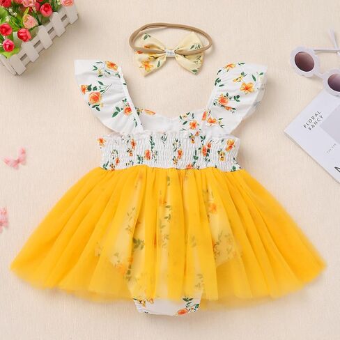 FYMNSI Newborn Baby 1st Birthday Girl Outfits Flutter Sleeve Smocked Floral Tulle Romper Tutu Dress Headband Summer Clothes in Kuwait