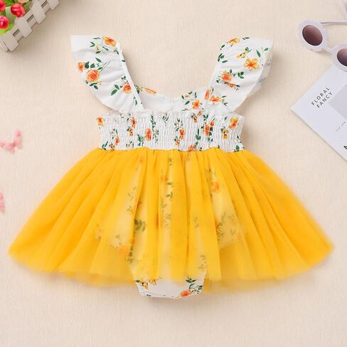 FYMNSI Newborn Baby 1st Birthday Girl Outfits Flutter Sleeve Smocked Floral Tulle Romper Tutu Dress Headband Summer Clothes in Kuwait