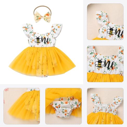 FYMNSI Newborn Baby 1st Birthday Girl Outfits Flutter Sleeve Smocked Floral Tulle Romper Tutu Dress Headband Summer Clothes in Kuwait