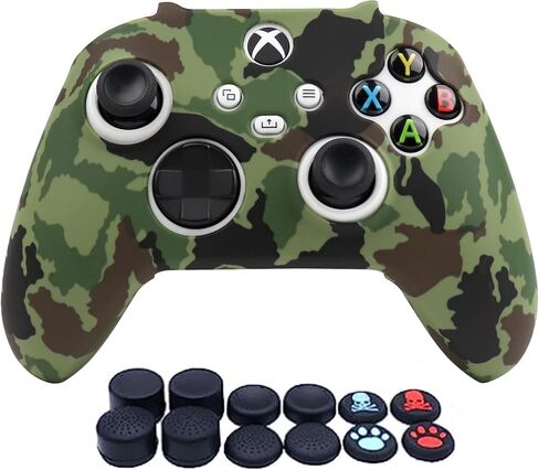 جلد وحدة التحكم باللون الأخضر العسكري المموه من RALAN لسلسلة Xbox، غطاء حماية لوحدات التحكم من السيليكون المضاد للانزلاق متوافق مع Xbox Series S/X. (4 قبعات للقطط و8 قبضة إبهام سوداء للمحترفين) in Kuwait