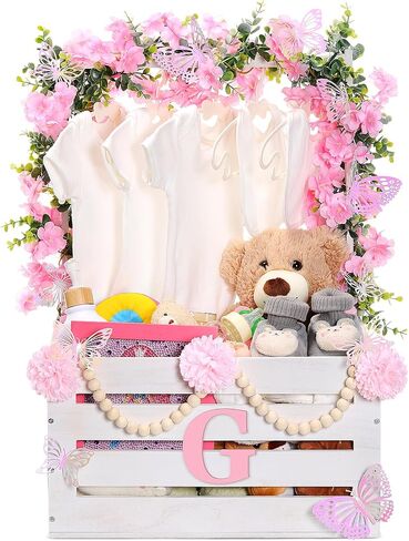Juexica Wooden Baby Shower Crate Closet, Baby Basket with Handle Butterfly Eucalyptus Garland Wooden Bead Baby Hangers Large Letter, Butterfly Theme Wooden Crate for Pregnancy New Parent in Saudi Arabia
